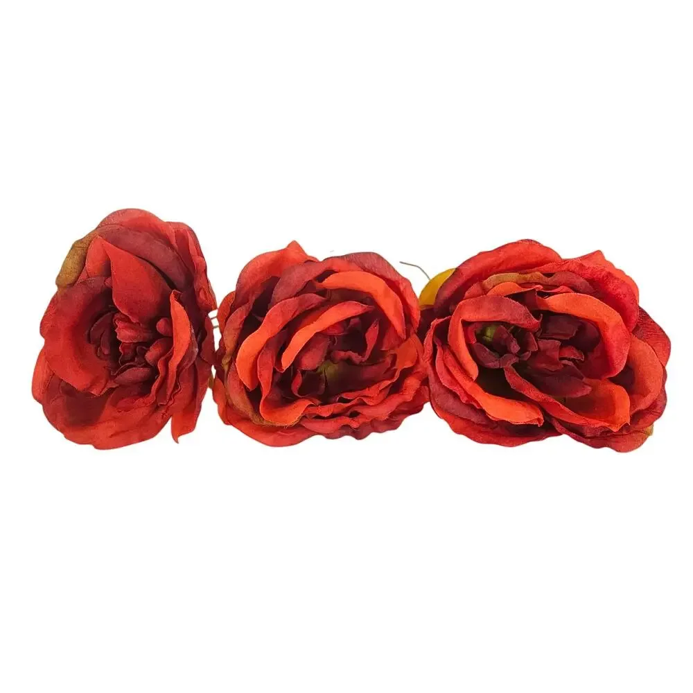 Artificial Large Red Orange Roses 18 Stems Faux Silk Fall Wedding Floral  Lot